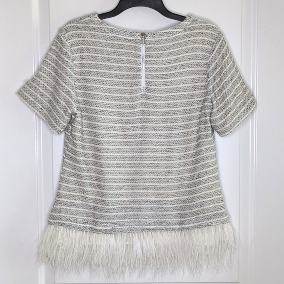 Anthropologie Deletta Feather Trim Boucle Knit Sweater Short Sleeve Lined LP - Picture 8 of 15